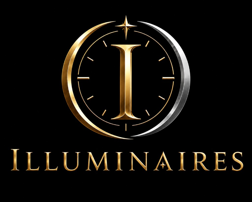 Illuminaires logo — a gold I in a clock-marked ring framed by gold and silver crescents, above the ILLUMINAIRES wordmark